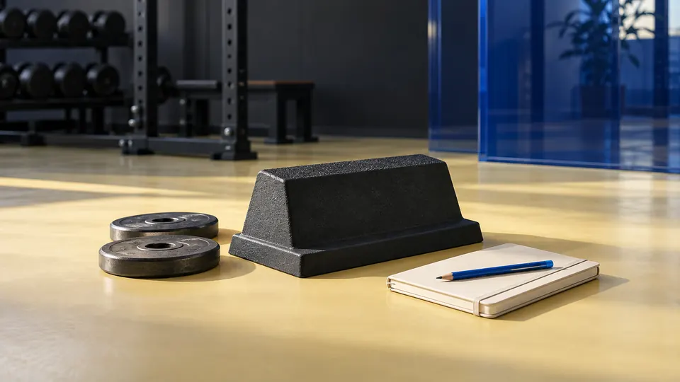 カーフレイズ用の黒いブロック、プレート、青い鉛筆と無地のノートを並べた生成イメージ